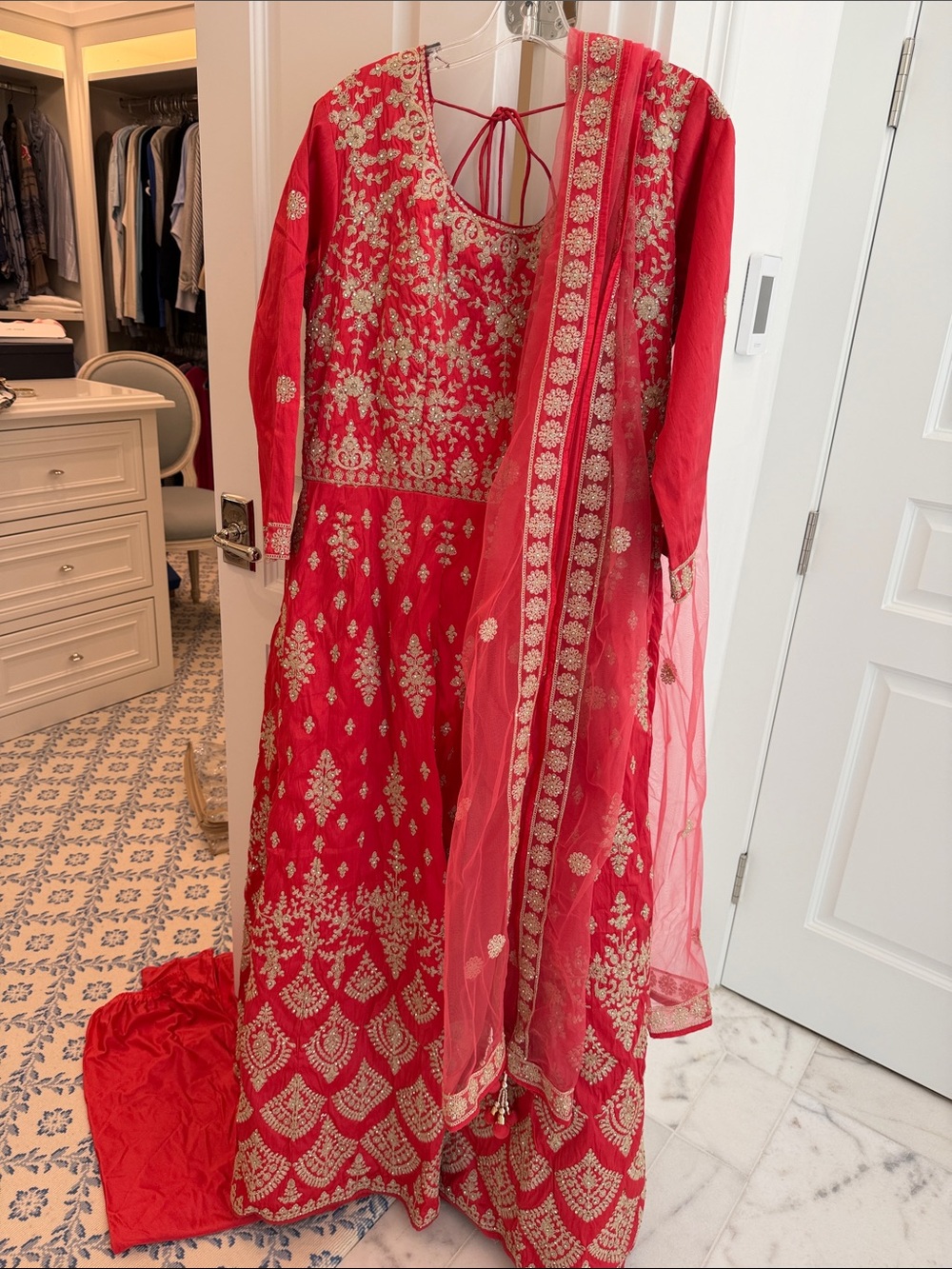 Red Embroidered & Beaded Long Sleeve Indian Dress